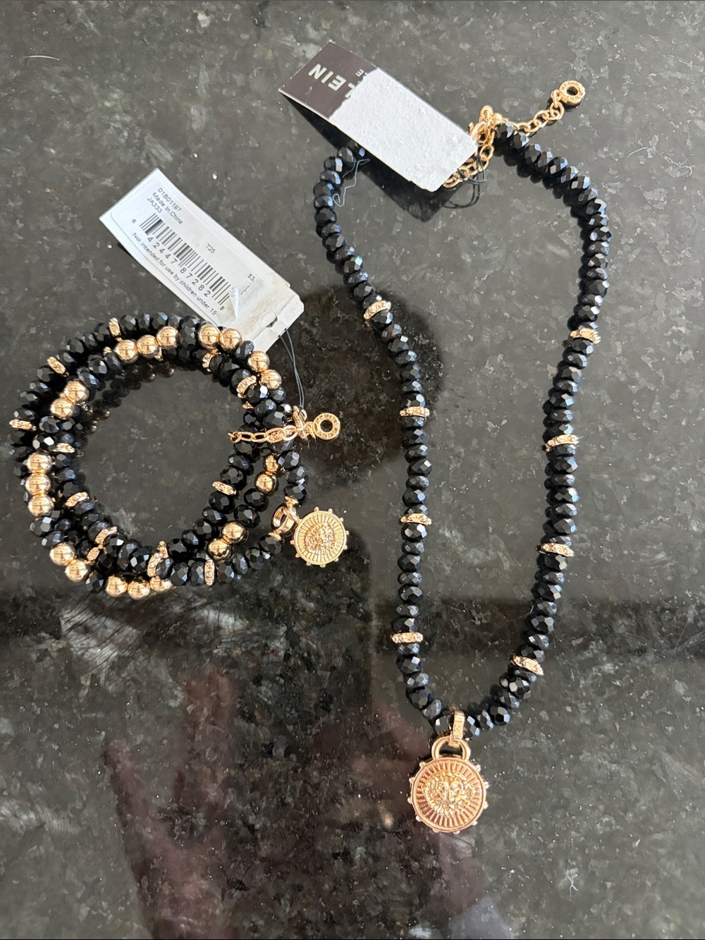 Black and Gold Beaded Medallion Necklace and Bracelet Set